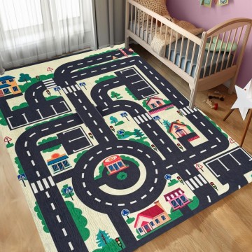 Çocuk Bebek odası eğitici oyun Halısı Trafik temalı Sarı Gri Halı Kaymaz Taban Yıkanabilir
